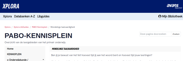 Screenshot van de bronpagina Mondelinge taalvaardigheid voor de pabo