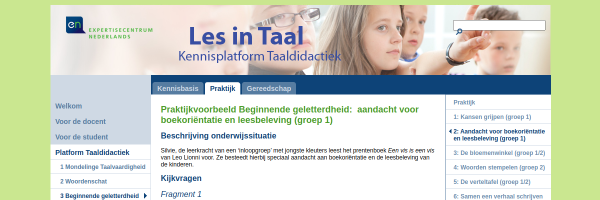 Screenshot van bronpagina: Boekoriëntatie en leesbeleving in groep 1